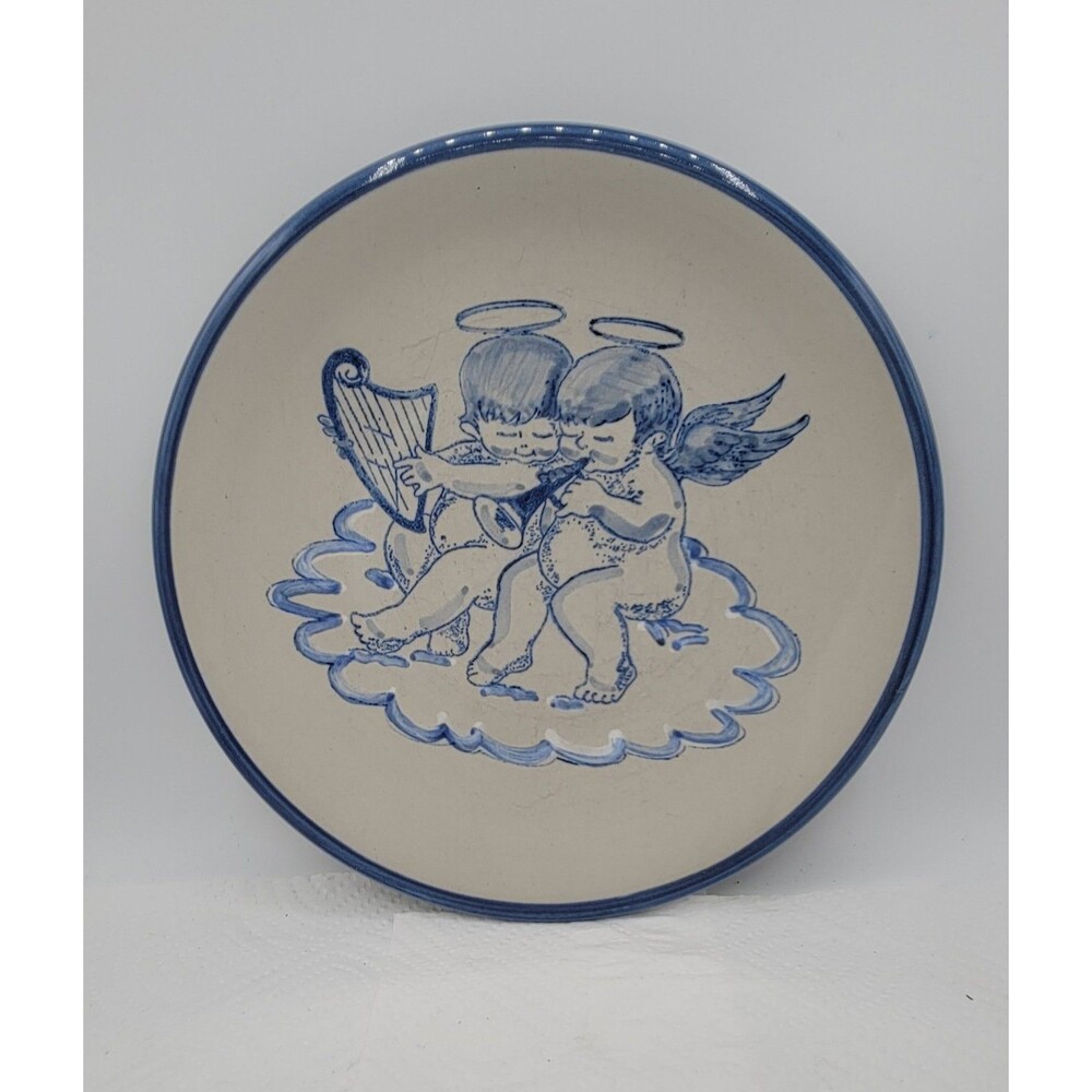 Louisville Stoneware Kentucky  10" Plate Blue Rim Angels Cherubs Clouds